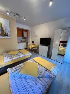 Cette chambre comprend 2 lits et une télévision. dans l'établissement Titius Apartment, à Skradin