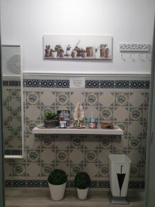 a shelf with potted plants on a tiled wall at Apartamento Ana Maria in San Juan del Puerto