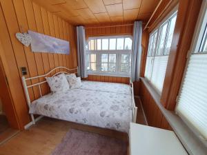 ein kleines Schlafzimmer mit einem Bett und zwei Fenstern in der Unterkunft Haus Sonnenblick in Benneckenstein + 78 Fotos