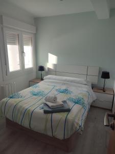 1 dormitorio con 1 cama con toallas en Apartamento TerradeAugas3, en Caldas de Reis