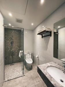 een badkamer met een douche, een toilet en een wastafel bij 北濱渡日號民宿Dotoday Teahouse-自助入住 in Hualien