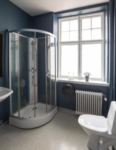 uma casa de banho com um chuveiro, um WC e uma janela. em Vandrarhemmet Vindarnas Hus em Örnsköldsvik