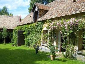 ein mit Efeu bedecktes Haus mit einer Tür und einem Hof in der Unterkunft Cottage proche circuit 24 Heures Le Mans proche de Paris Jeux olympiques autoroute à 5km in La Chapelle-Saint-Rémy