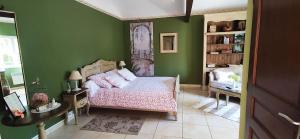 CussacにあるLE BOUILLARYの緑の壁のベッドルーム1室、ピンクの枕付きのベッド1台が備わります。