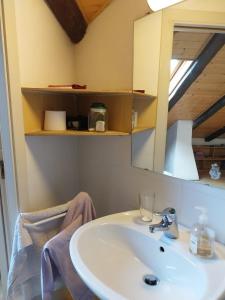 a bathroom with a sink and a mirror at Mansarda Meditazione e Yoga in Ossana