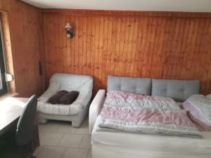 een slaapkamer met een bed, een bank en een stoel bij Erholungsheim im Wienerwald in Irenental