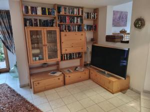 a living room with a television and book shelves at Ferienwohnung Susanne Würtenberger in Öhningen