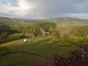 a large grassy yard with a house in the distance at Casas La Colina in Curití