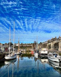 a group of boats are docked in a harbor at Stunning Yacht Sea Lion in Charlestown Harbour, Cornwall in Charlestown