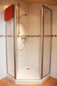 a shower with a glass door in a bathroom at Landhaus Müller in Bad Birnbach +46 photos