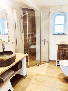 a bathroom with a glass shower and a sink at Reetkate Kaltenhoern in Tetenbüll