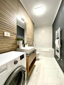 un bagno con lavatrice e asciugatrice di Alphaville 96 a Braşov