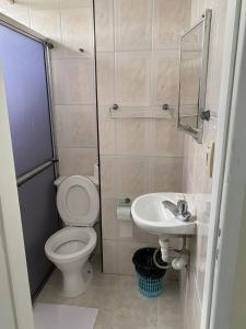 małą łazienkę z toaletą i umywalką w obiekcie Hotel Sirena w mieście Praia Grande
