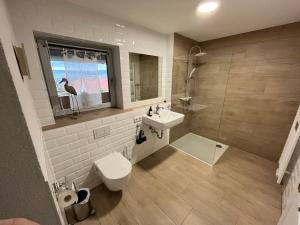 a bathroom with a toilet and a sink and a window at Scheune 65 in Bad Frankenhausen