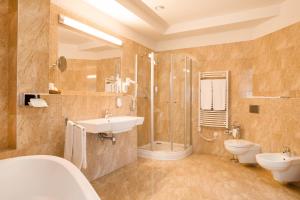 a bathroom with a sink and a toilet and a shower at Hotel Ambasadorski Rzeszów in Rzeszów