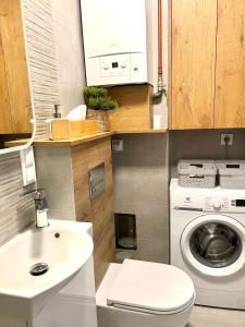 een kleine badkamer met een wasmachine en een wastafel bij Boya Home in Wilkasy