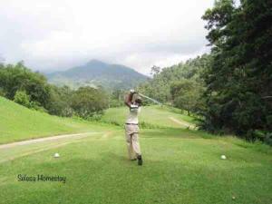 Ein Mann, der einen Golfklub auf einem Golfplatz schwingt. in der Unterkunft THE GREEN @SELESA HILLHOMES BUKIT TINGGI BENTONG in Bentong