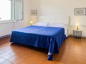a bedroom with a bed with a blue blanket on it at Angelucci House in Marina di Cerveteri