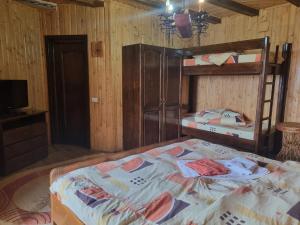 sypialnia z 2 łóżkami piętrowymi i telewizorem w obiekcie Cabana Magdalena w mieście Câmpulung
