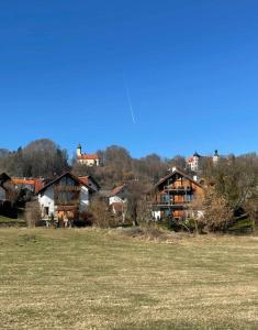 een groep huizen in een veld naast een veld bij Schöne helle Ferienwohnung in Eurasburg