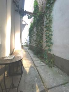 - une terrasse avec une table et du lierre sur le côté d'un bâtiment dans l'établissement Rebreanu Family, à Sibiu