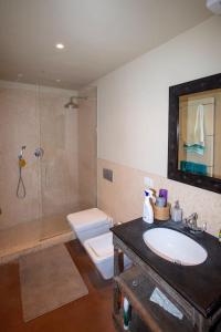 une salle de bain avec un lavabo, des toilettes et une douche dans l'établissement Charme and relax in downtown Parma, à Parme