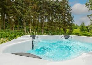 a bath tub with blue water in it at Riverside Cabins in Shrewsbury