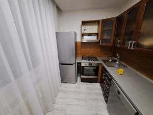 a small kitchen with a refrigerator and a sink at Maria in Poprad