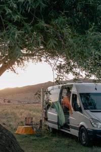 a white van parked under a tree in a field at Geo Campers - Full time living camper rental in Kutaisi, Tbilisi, Batumi, Georgia in Kutaisi