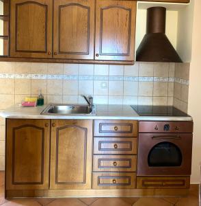 a kitchen with a sink and a stove at Marianna's Home Accommodation in Karpenisi