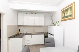 a kitchen with white cabinets and a white refrigerator at Apartment Ruza in Sobra