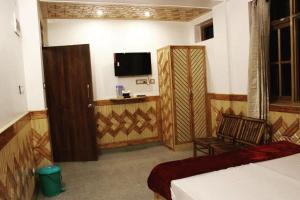 西姆拉的住宿－The MoonLight Stay - Shimla，一间卧室配有一张床、一台电视和一把椅子
