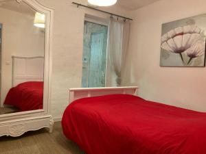 Schlafzimmer mit einem roten Bett und einem Spiegel in der Unterkunft Petite Maison en Provence in Plaisians