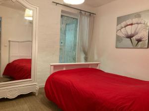 sypialnia z czerwonym łóżkiem i lustrem w obiekcie Petite Maison en Provence w mieście Plaisians +12 zdjęć