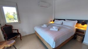 a bedroom with a bed and a chair and a window at NisoVillas in Volos +41 photos