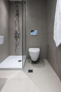 ein Bad mit einer Dusche und einem WC in der Unterkunft Light Blue Hotel in Nea Kallikratia