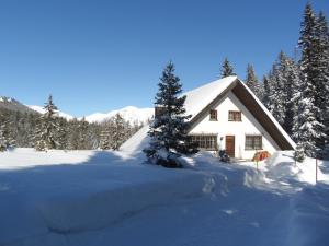una casa ricoperta di neve con alberi e montagne di Chalet Atelier a Davos