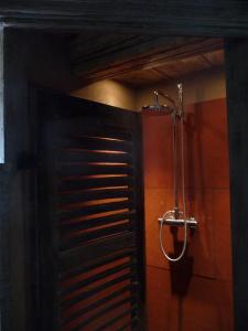 a bathroom with a wooden door and a shower at Rouge Eglantine in Salenthal