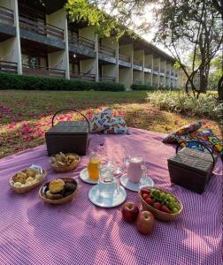 a picnic table with food on a purple table cloth at Flat Monte Castelo Gravata in Gravatá