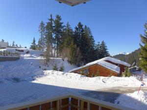 ein schneebedecktes Haus mit einem Dach in der Unterkunft Apartment Clavan by Interhome in Crans-Montana