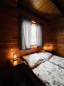 a bed in a wooden room with a window at Domki u Bejdaka 789- 039 - 689 in Bereżnica Wyżna