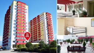 a collage of pictures of buildings with a stop sign at Aminn Hotel in Tirana
