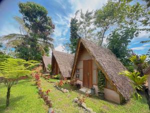 une petite maison avec un toit en gazon dans l'établissement Sumatra Thomas Leaf Monkey Guesthouse & Jungle Trek, à Bukit Lawang