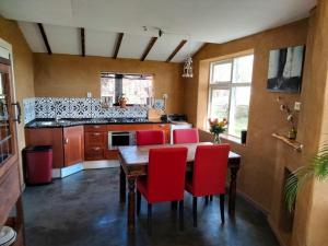 a kitchen with a wooden table and red chairs at Vogelvrij in Vierhuizen