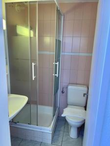 uma casa de banho com um WC, um chuveiro e um lavatório. em Aeschi 9 em Interlaken