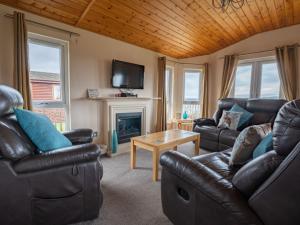 sala de estar con muebles de cuero y chimenea en Chalet Loch Leven Lodge 4 by Interhome, en Kinross