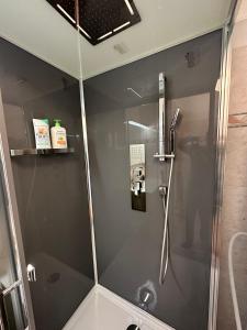 La salle de bains est pourvue d'une douche avec une porte en verre. dans l'établissement L'escale du Trianon, au Plessis-Robinson
