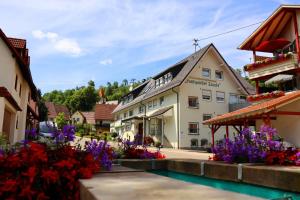 a town with flowers in front of a building at Ferienwohnung im Steinachtal in Nagold