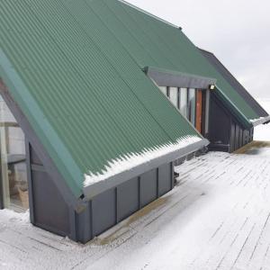 a building with a green roof with snow on it at Árheimar 4 cosy holiday home in Arabaer