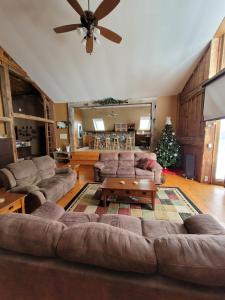 a living room with a couch and a christmas tree at Five Star Ranch in Milton